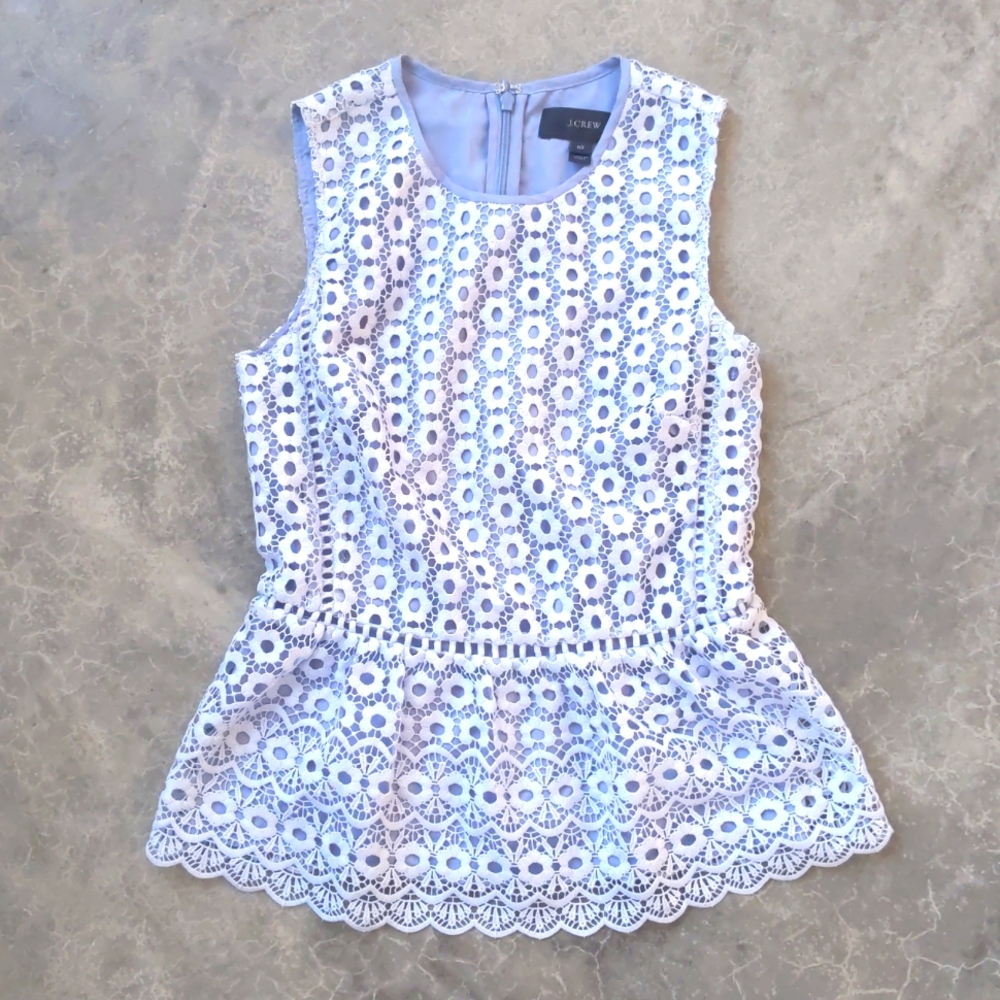 J Crew Blue Daisy Lace Peplum Top